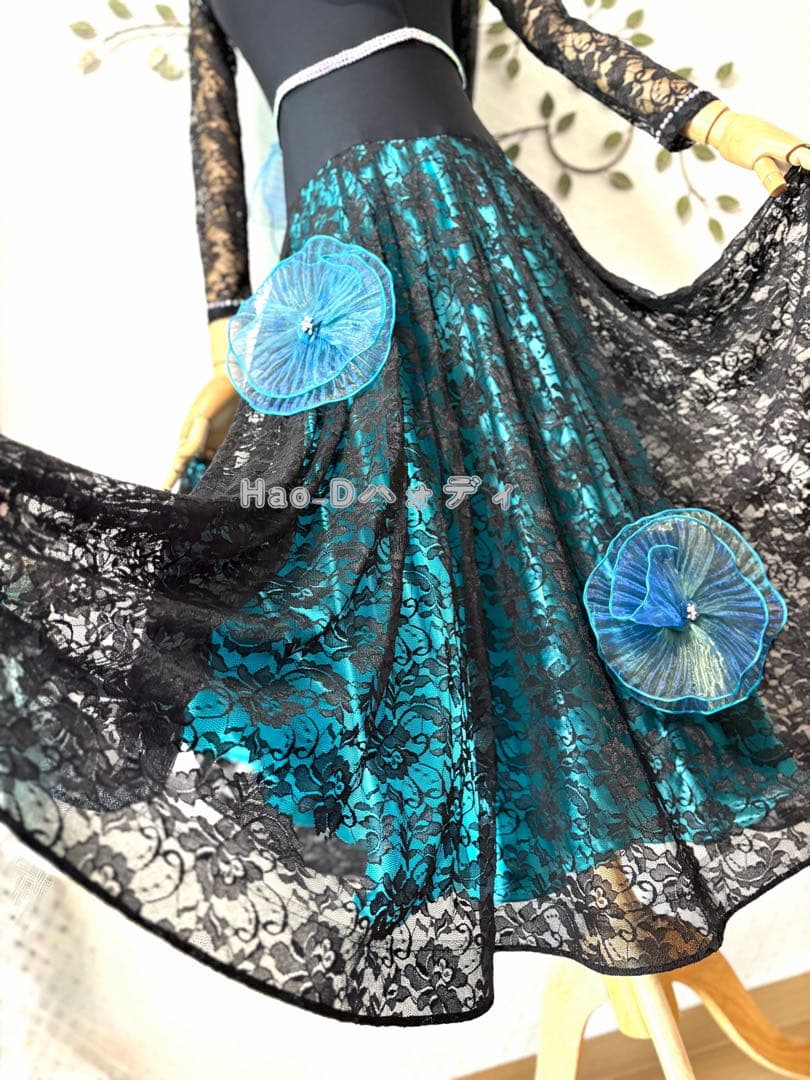 新品★ダンスドレス★スタンダード★社交ダンス★競技会★パーティー★黒&ターコイズ