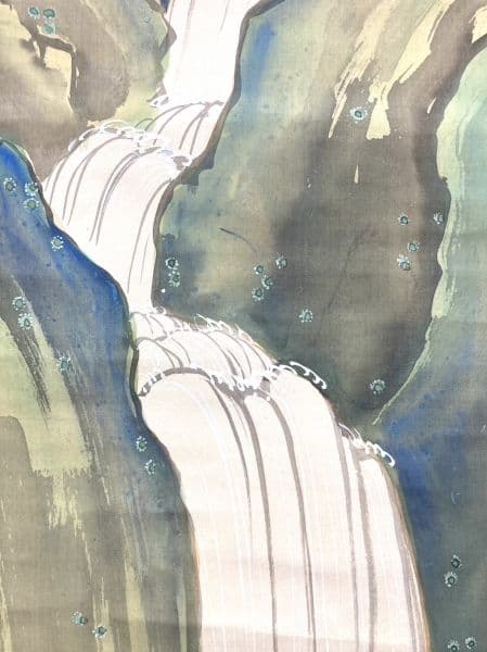 津端道彦／福島柳圃 山名貫義師事「瀑布紅葉」掛軸 絹本