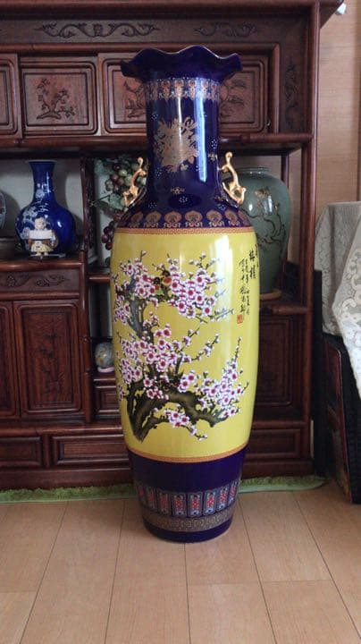 景徳鎮　中国花瓶　壺　古美術　中国美術　琺瑯彩　特大花鳥紋花瓶　高さ約108㌢