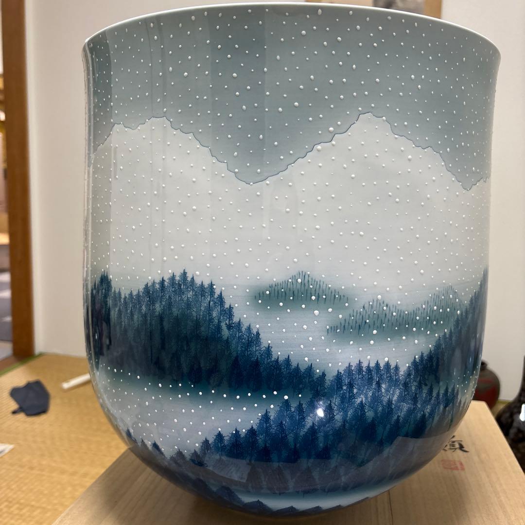 藤井朱明 壺 飾り壺 花器 日展人気作家 花瓶 有田焼 特大雪景色 共箱付き