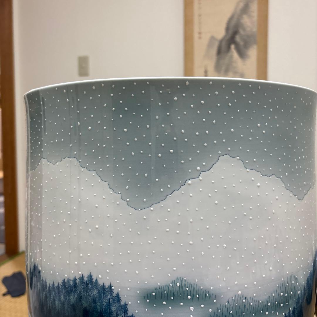 藤井朱明 壺 飾り壺 花器 日展人気作家 花瓶 有田焼 特大雪景色 共箱付き