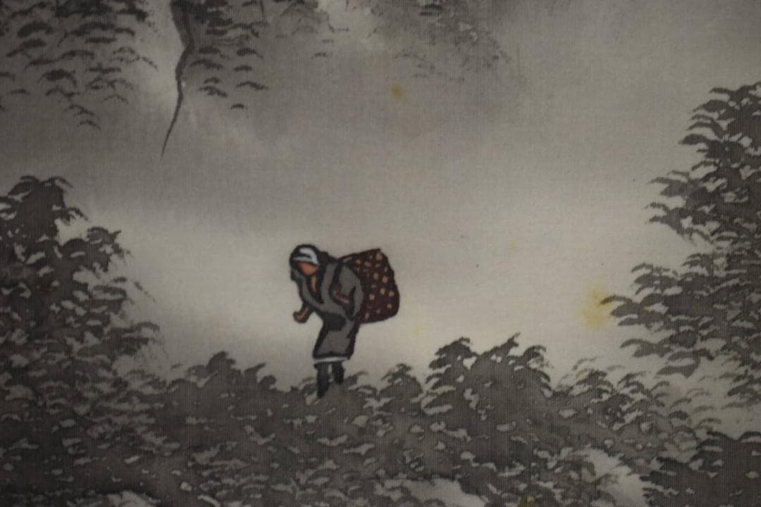 真作/緑雲/山水帰路図/桐共箱付布袋屋掛軸HF-651