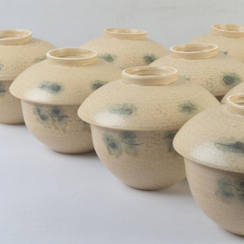 和食器　黄瀬戸　数江瓢鮎子作　花草文　蓋向付　十客　共箱　V　9968A