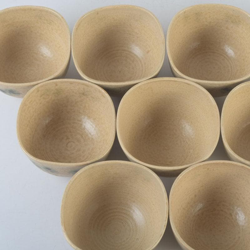 和食器　黄瀬戸　数江瓢鮎子作　花草文　蓋向付　十客　共箱　V　9968A