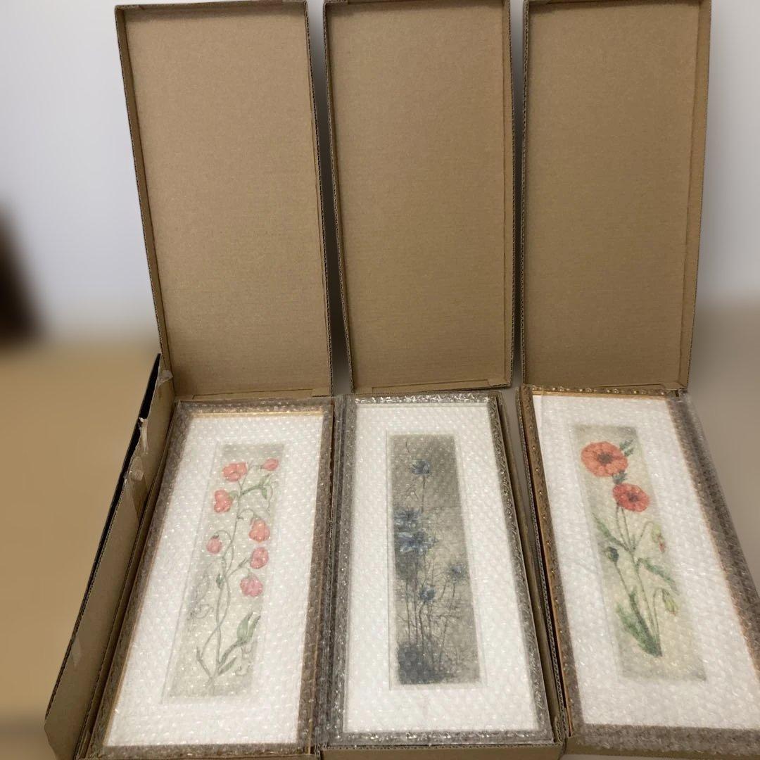 花の絵画3点セット　英国ビクトリア王朝時代の復刻版画