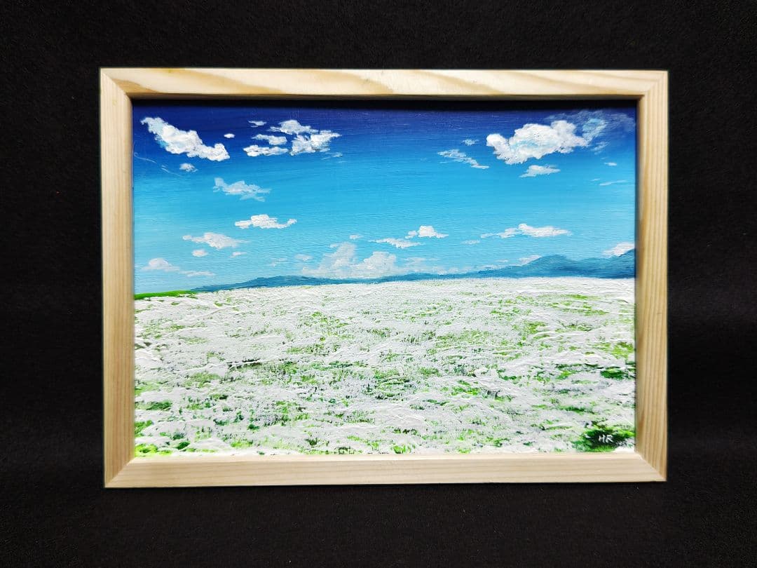 油絵 絵画 空と白いお花畑【A4】