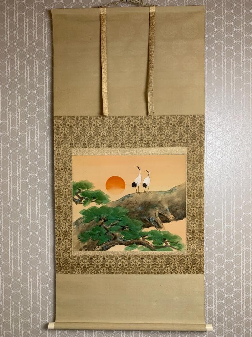 分部五鈴 旭松双鶴 絹本 肉筆 掛軸 共箱 三重の日本画家 今井景樹師事 762