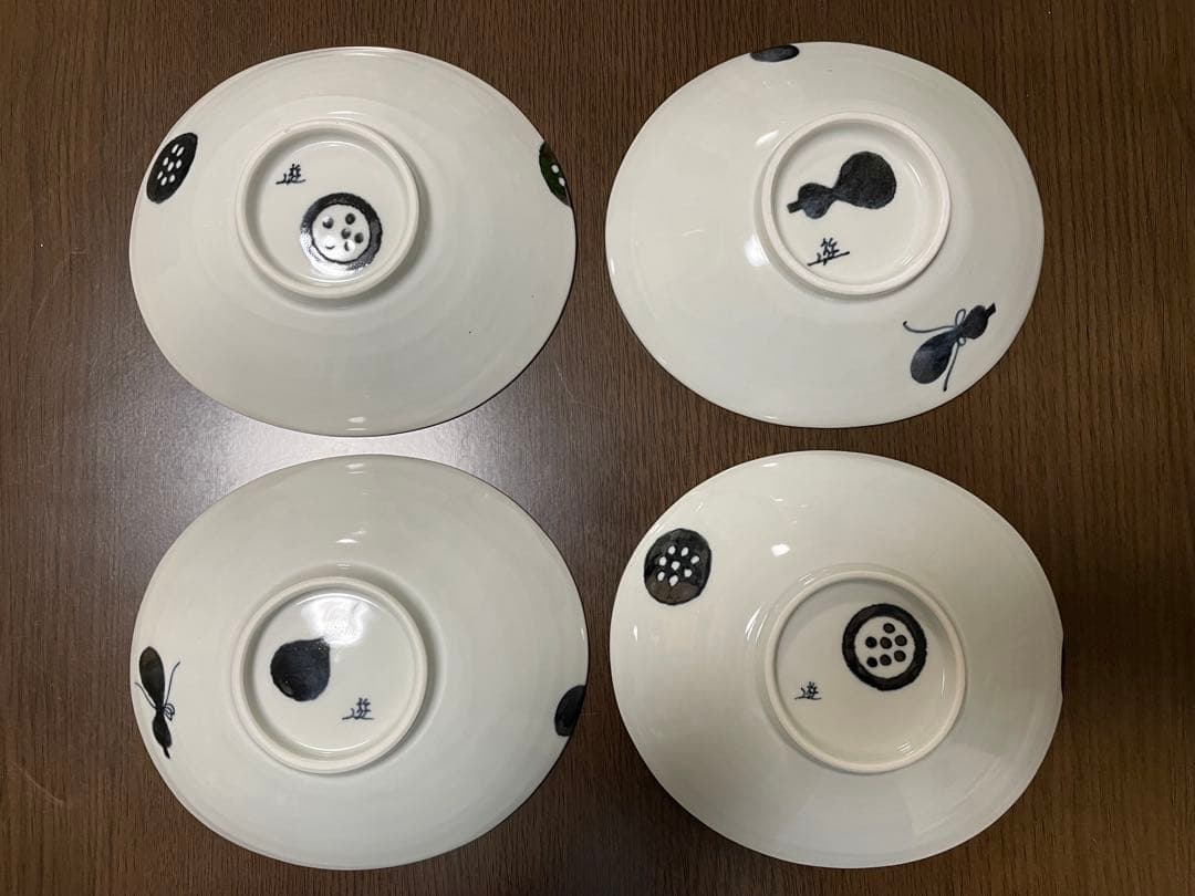 【徳永遊心】黒呉須　印判　きゅうり・ひょうたん　楕円浅鉢　4点セット
