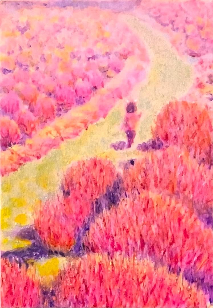 風景画 「コキアの道」油彩画 ピンク系 紅葉 木製フレーム