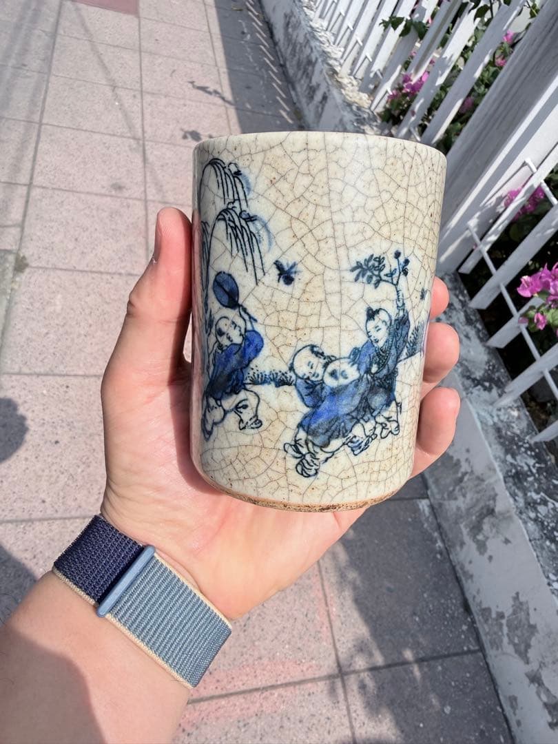 【骨董】清時代青花 貫入 染付の筆筒　古玩