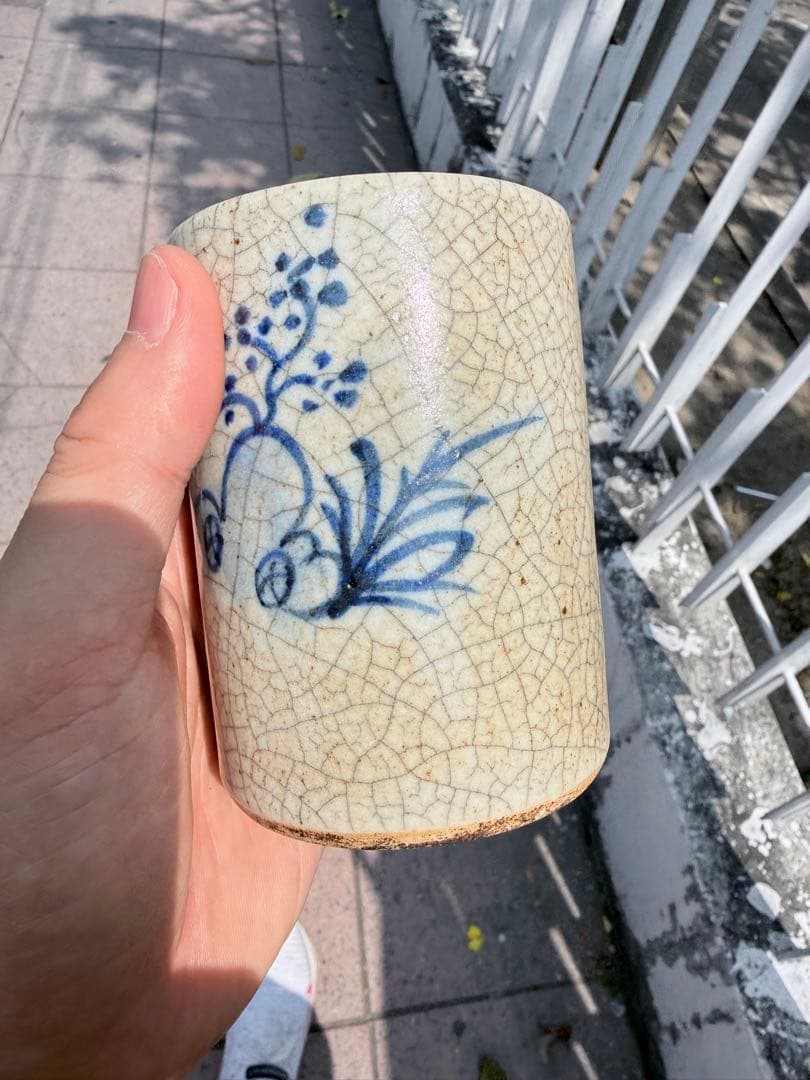 【骨董】清時代青花 貫入 染付の筆筒　古玩