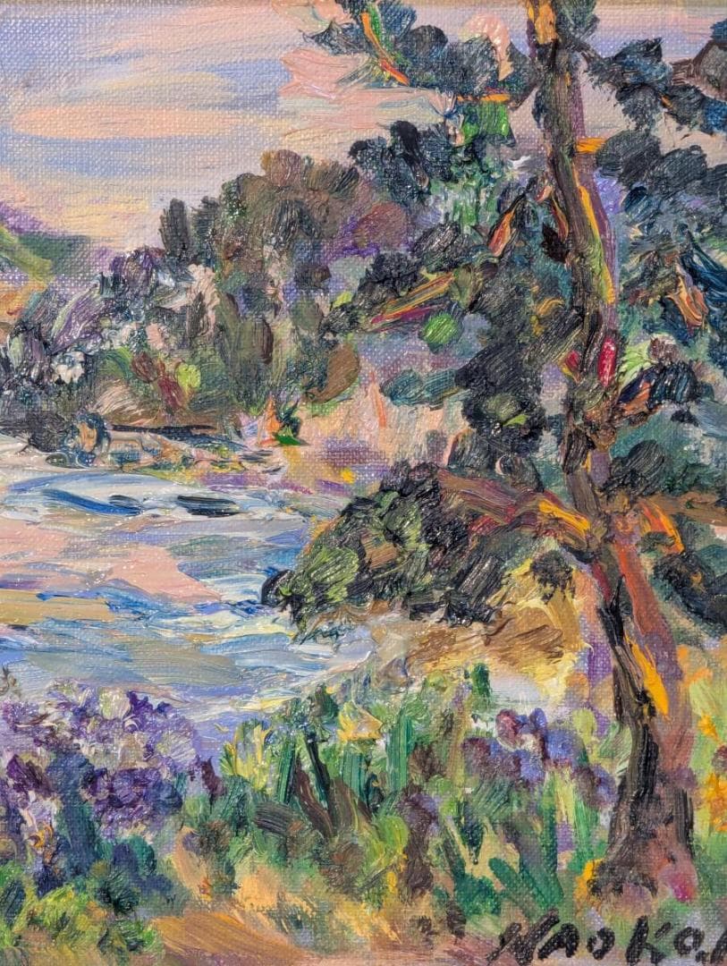 【真作】絵画　加藤直子　油彩3号　雄島遠望　花咲く岬の風景　Z166