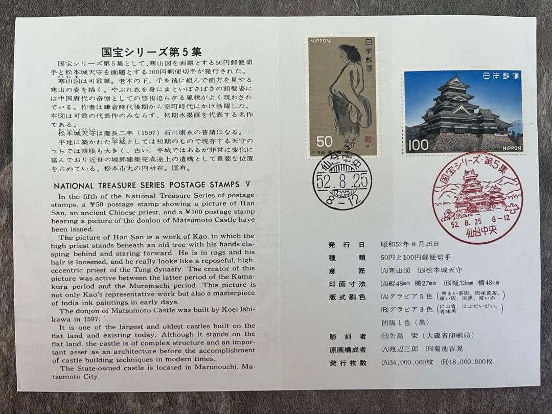 国宝シリーズ郵便切手第1〜6集　専用台紙及び切手発行日消印付　仙台中央郵便局消印