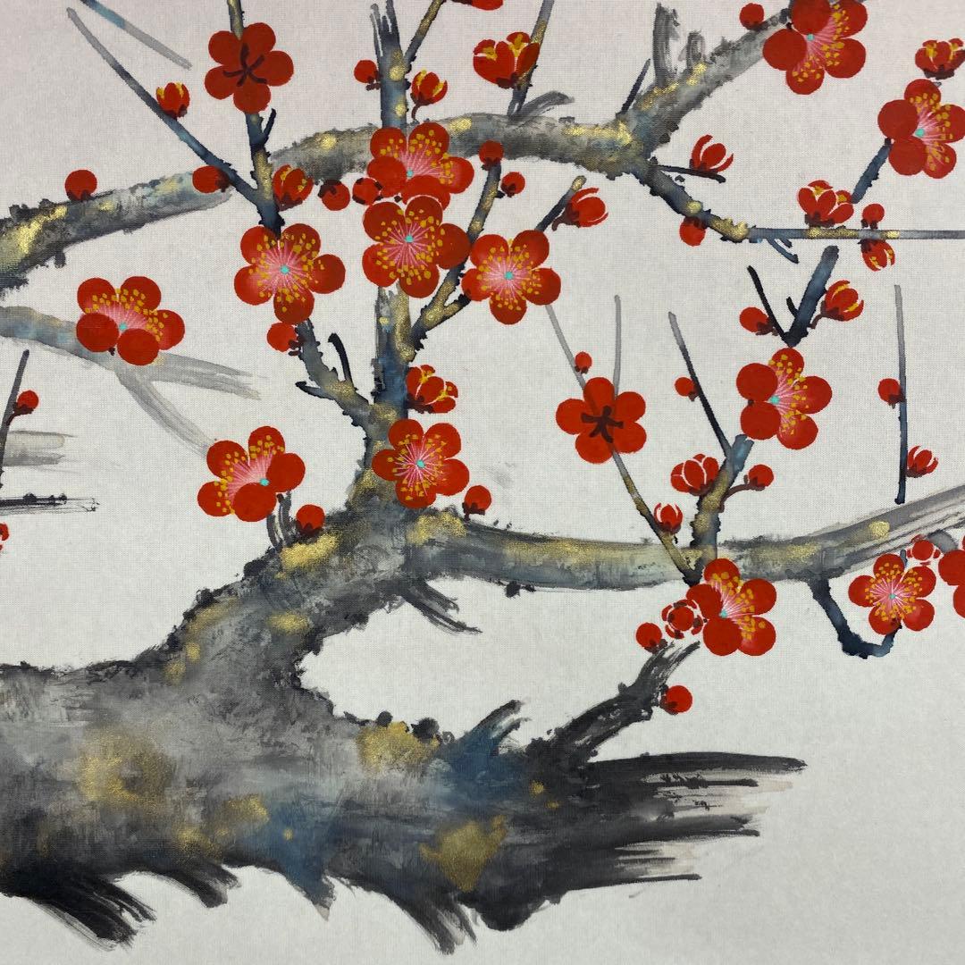 美品 掛け軸 坪内正庵作 紅白梅に鶯図 共箱 真筆証明書 縁起物 花鳥