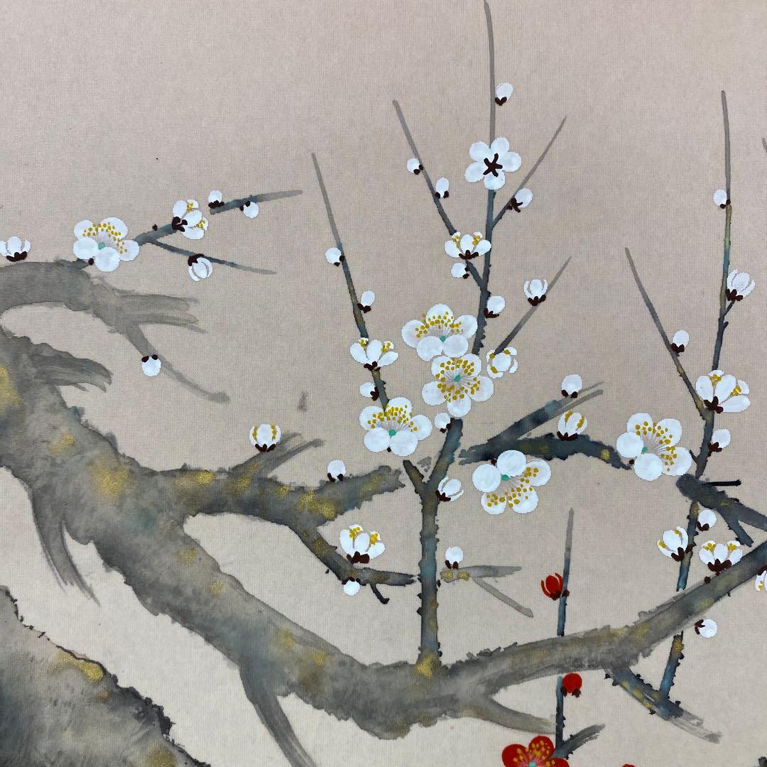 美品 掛け軸 坪内正庵作 紅白梅に鶯図 共箱 真筆証明書 縁起物 花鳥