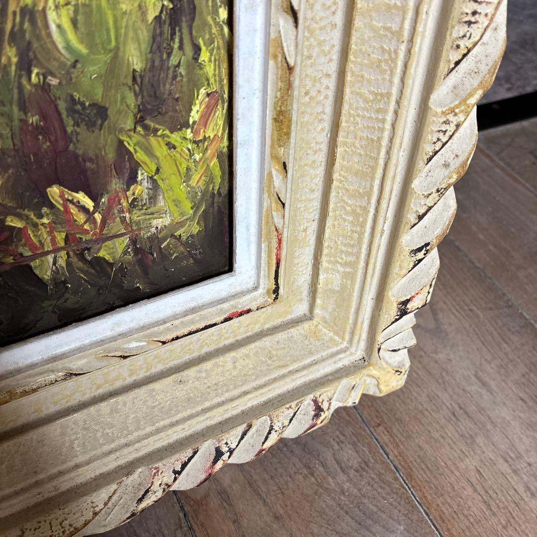 油彩画 山の風景 赤い屋根の小屋