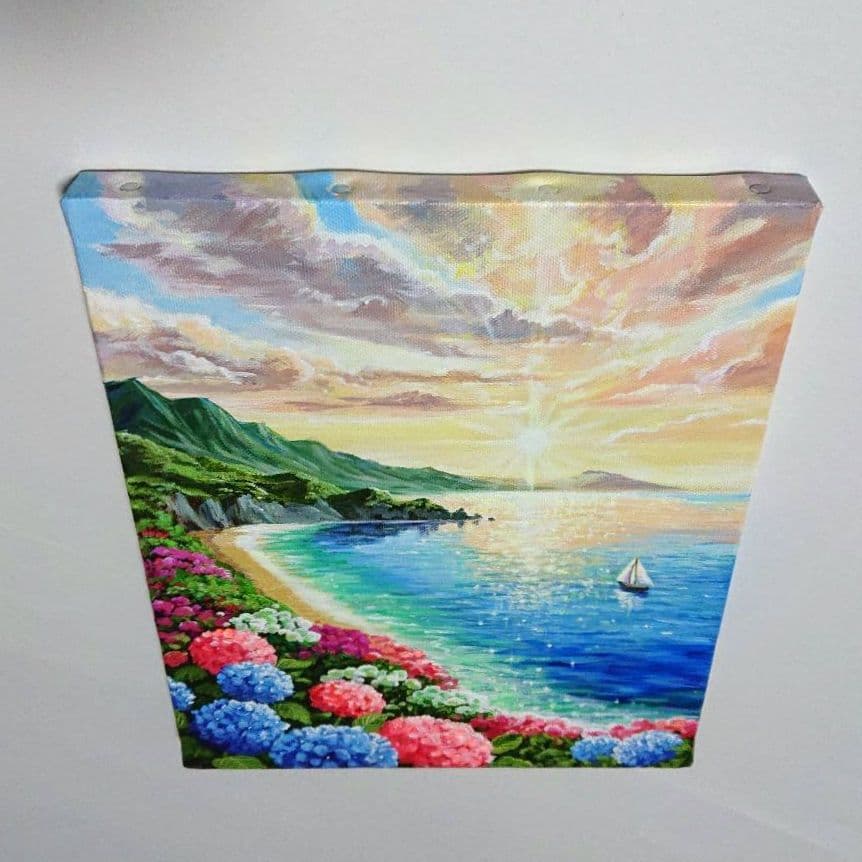 【海辺の紫陽花】アクリル画 F3 風景画 絵画