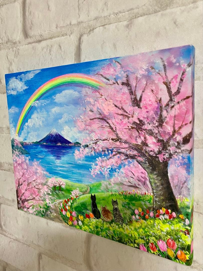 虹の富士山と桜丘の猫 開運絵画