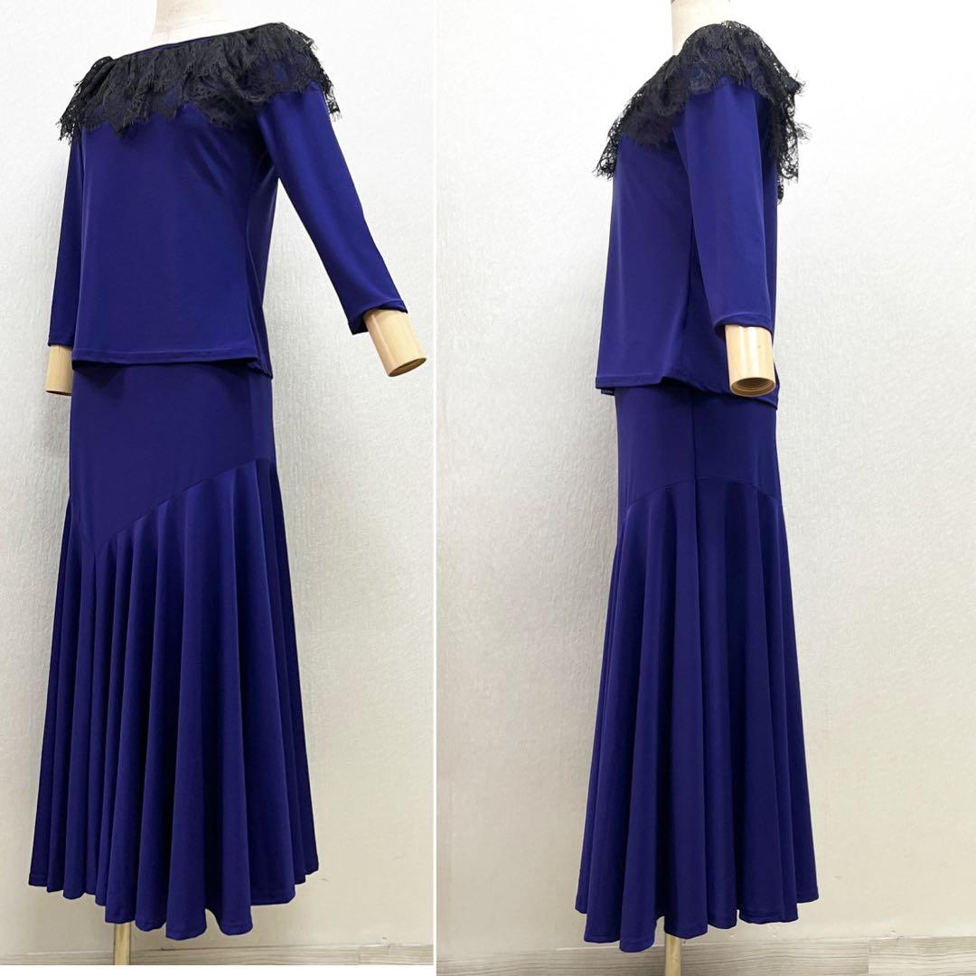 新品 社交ダンス セットアップ 紫無地 黒レース