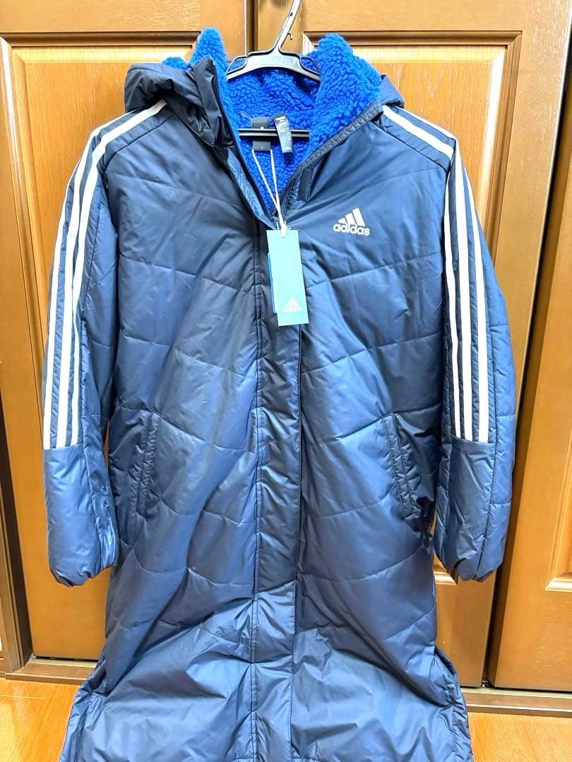 adidas フリース裏地 ロングベンチコート ネイビー 新品タグ付き150㎝