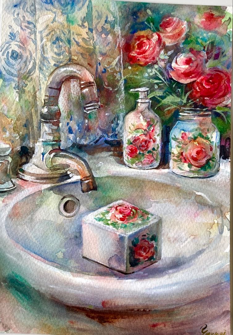 水彩画 原画 薔薇の石鹸