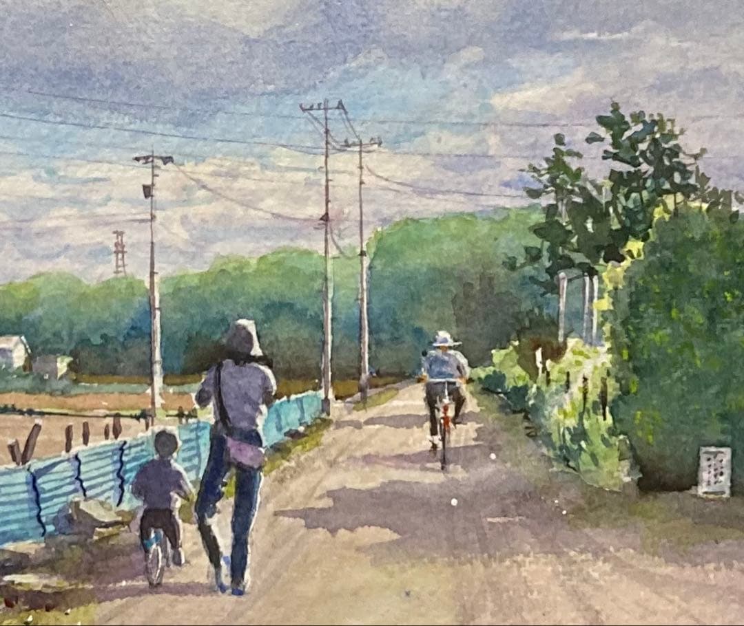 1089☆水彩画原画　田園風景　親子　［野菜の町の空]