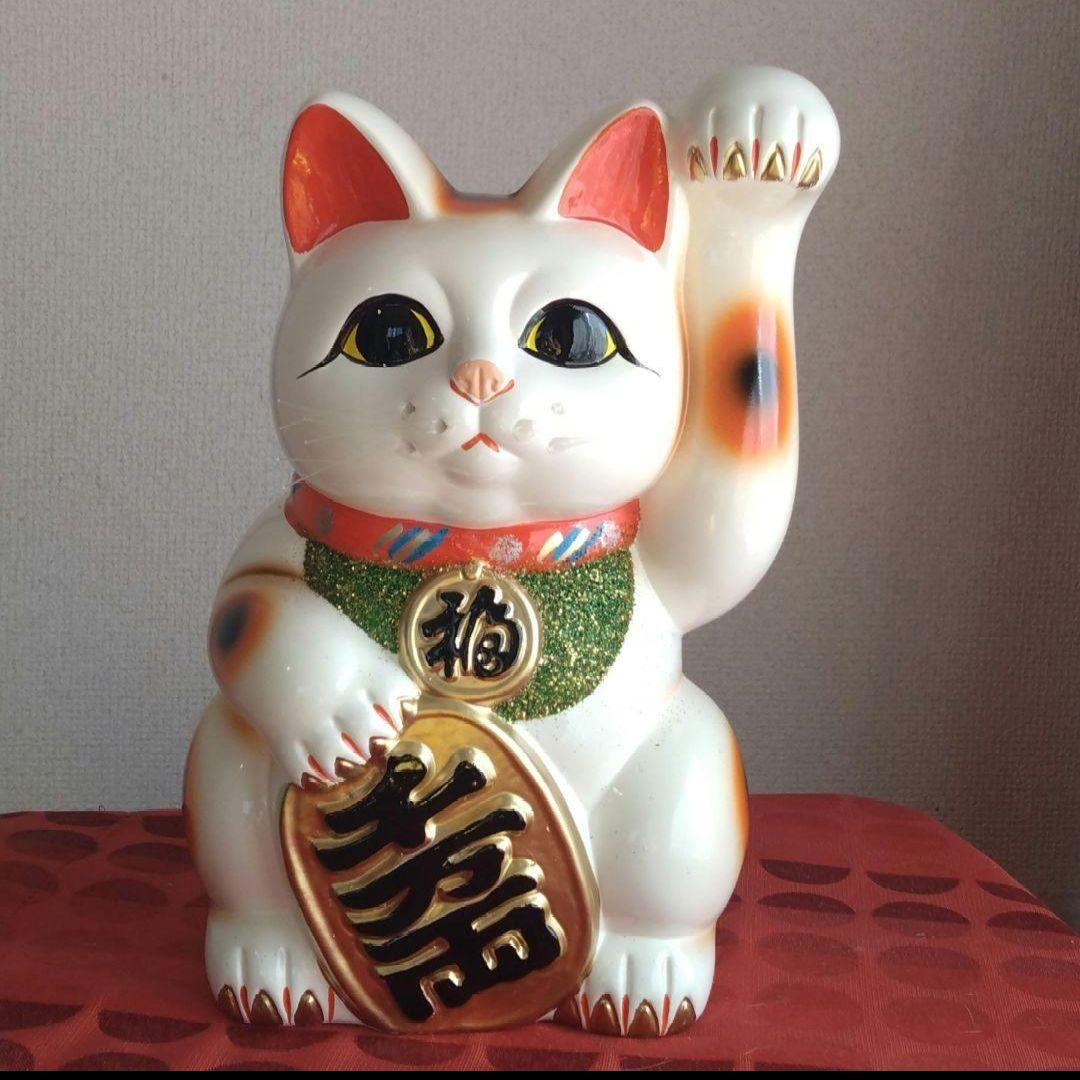 限定値引✨人呼び千客万来招き猫☆白猫左手上げ8号手長・特別製作現品限り