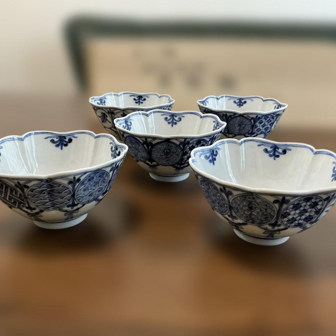 売却済み　九谷焼　長左　祥瑞手松竹梅　小鉢揃え　5客揃え　未使用、同柄　皿揃え