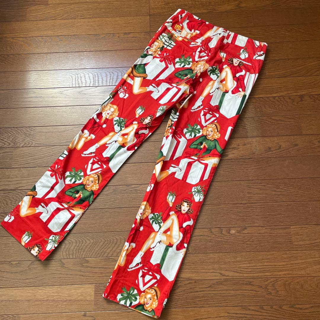 美品 LOUDMOUTH ラウドマウス ロングパンツ 総柄 レッド系　Xmas