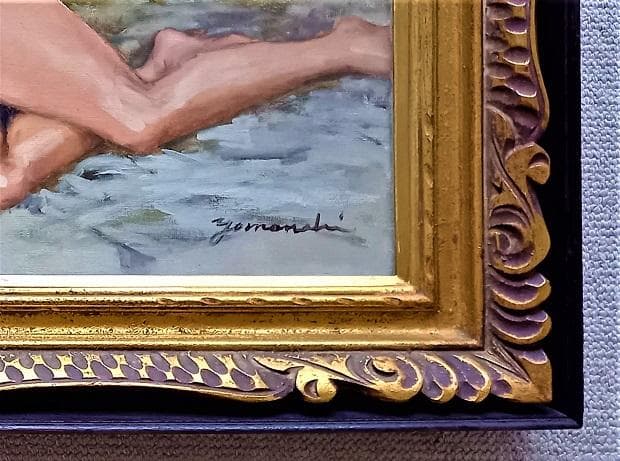 時代物油彩画　作者不詳サインあり　タイトル「横たわる裸婦」金のアンティークな額