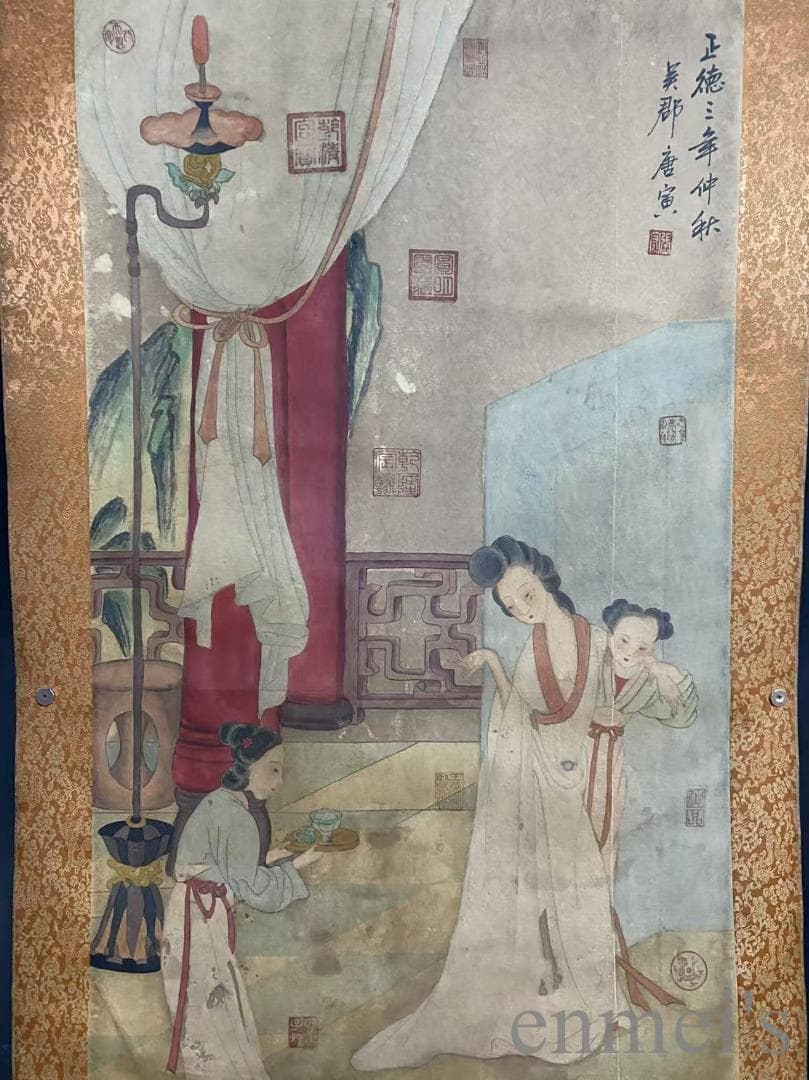 中国古美術『明代様式 唐寅款 人物画』大型中堂画 掛軸 宣紙 表装済 盒入 模写