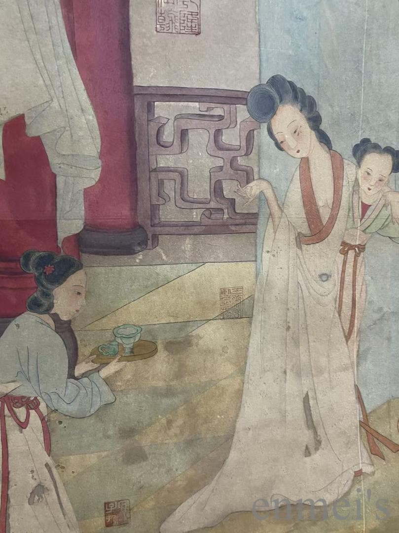 中国古美術『明代様式 唐寅款 人物画』大型中堂画 掛軸 宣紙 表装済 盒入 模写