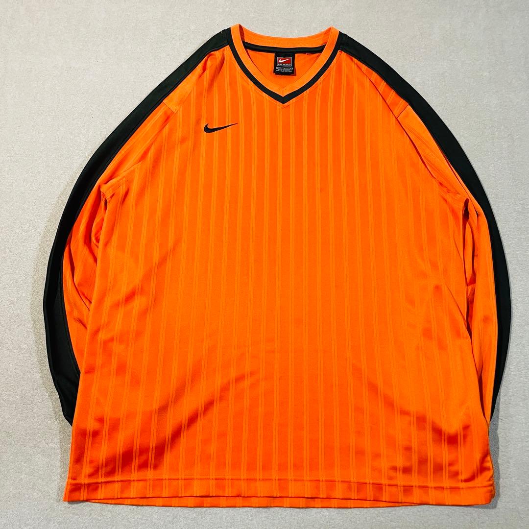 【00s】NIKE製 長袖サッカーシャツ/オレンジ/黒/Lサイズ　TEAMタグ