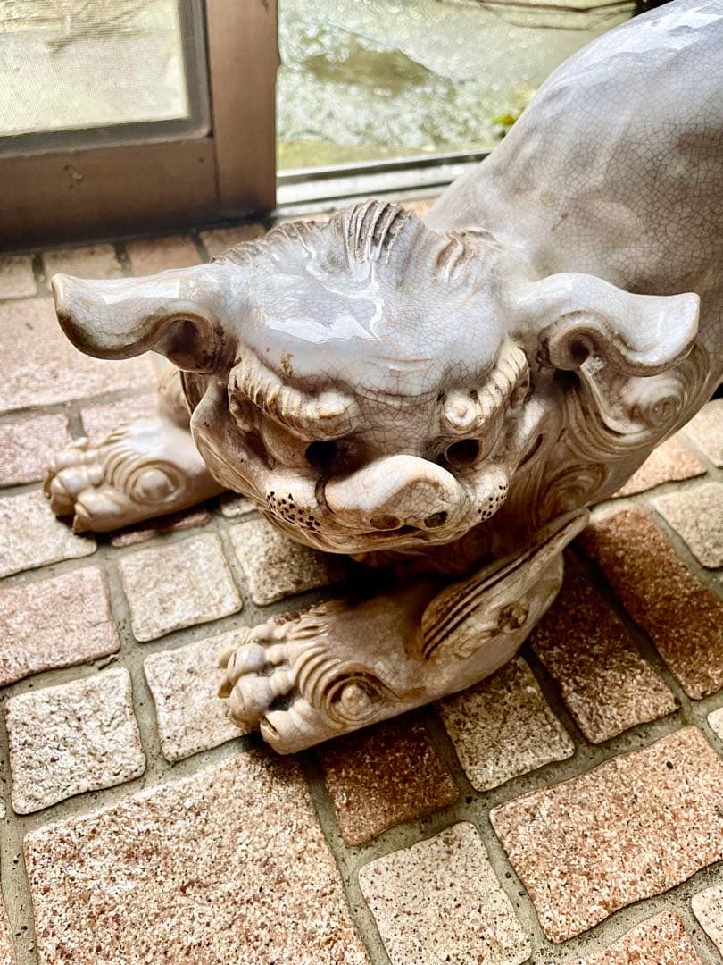【特大40cm】作家物 獅子 置物 銘あり 狛犬 骨董 細工物 陶器 魔除け