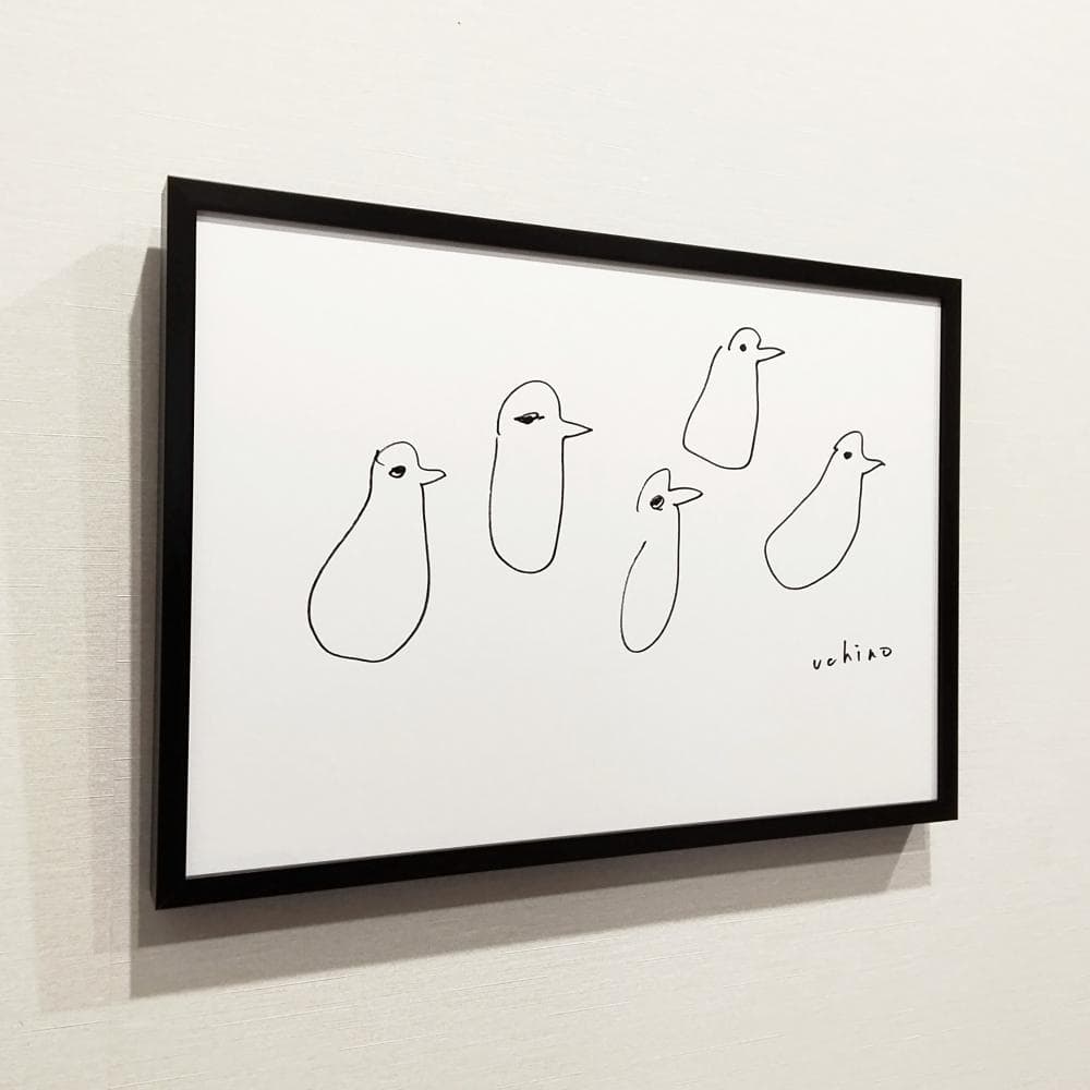 内野隆文　とりのマーチ　鳥　絵画　ドローイング　ペン画　現代アート　額縁　真作