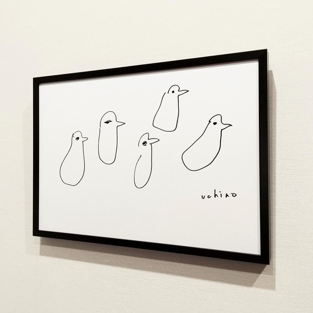 内野隆文　とりのマーチ　鳥　絵画　ドローイング　ペン画　現代アート　額縁　真作