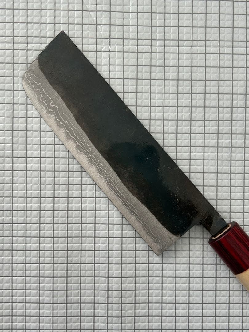 包丁 菜切包丁 菜切 ダマスカス 安来鋼青紙２号 165mm 黒打ち 朴丸柄
