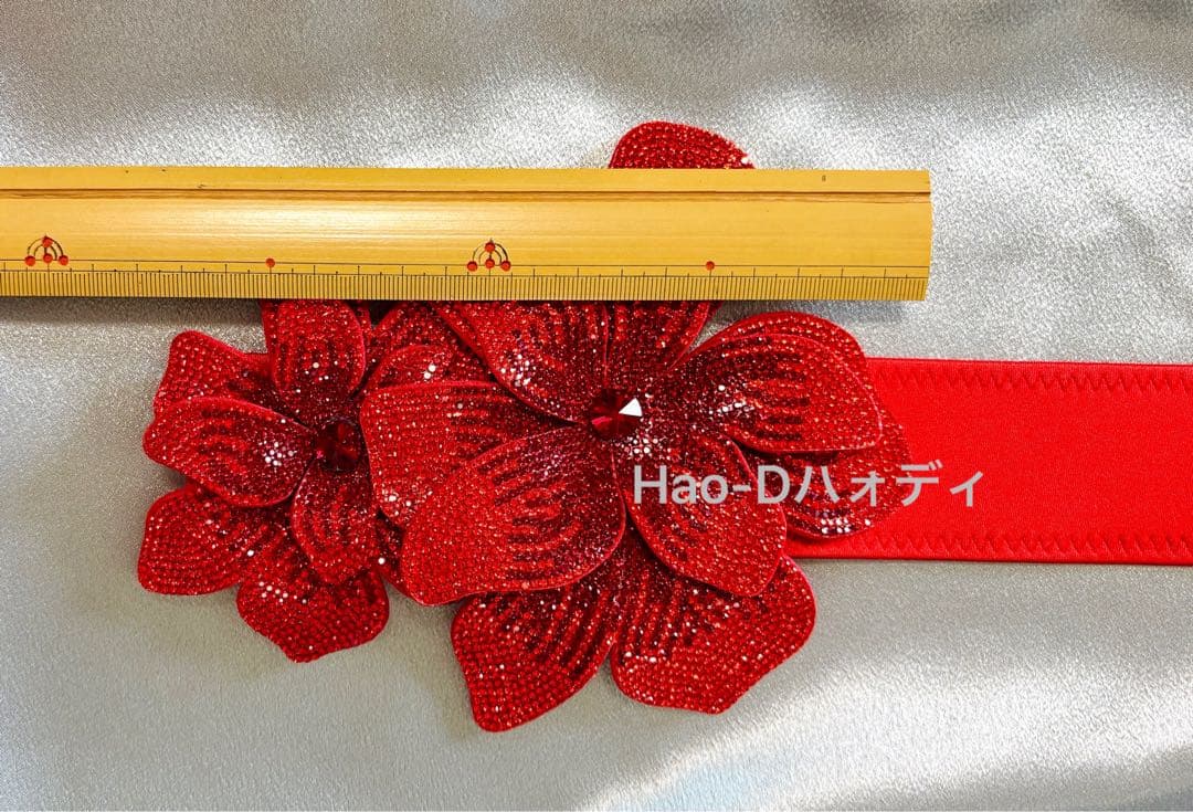 新品★ストーン付き立体フラワーベルト★しっかり縫製★伸縮★ダンスドレス★レッド
