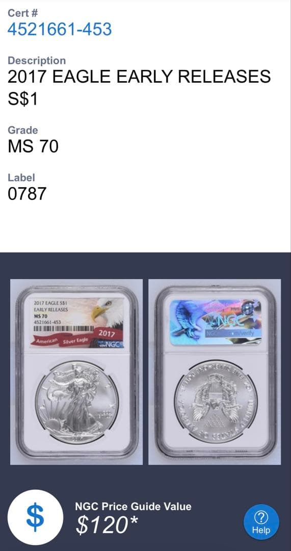 【最高鑑定/初期】2017年 アメリカ イーグル銀貨 MS70 1オンス 純銀