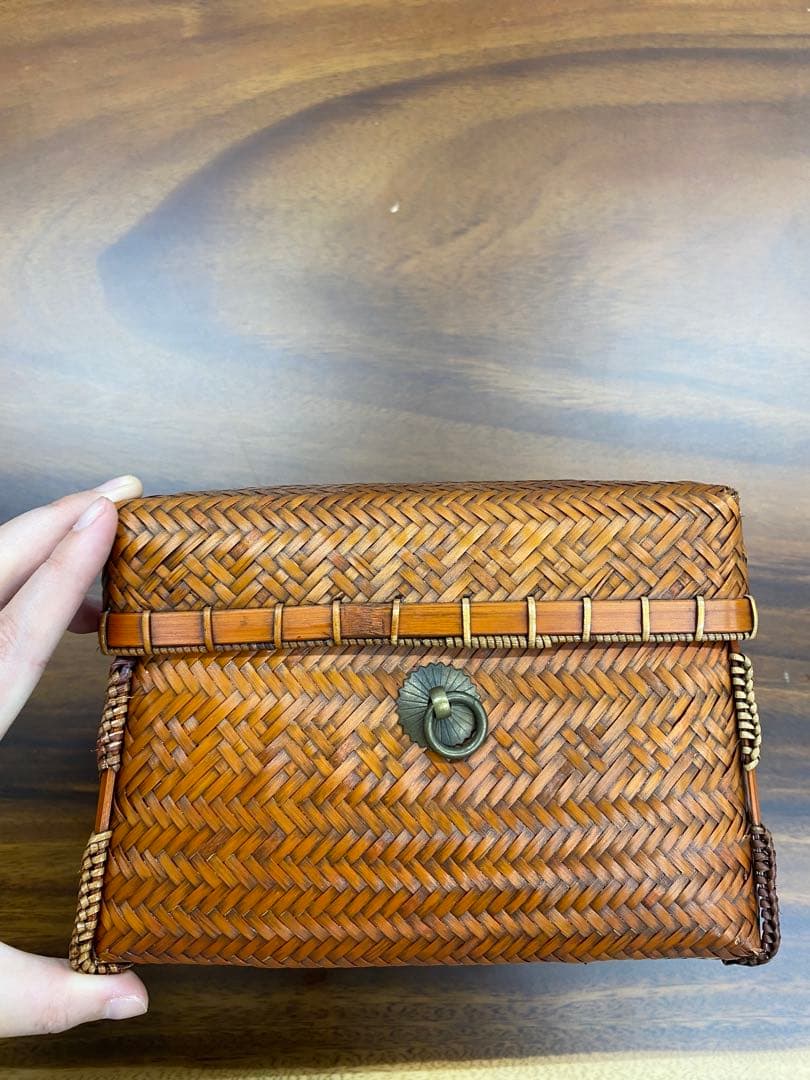 竹細工　蓋付き収納ボックス ブラウン茶道収納バッグ竹編バッグ 手作工芸品
