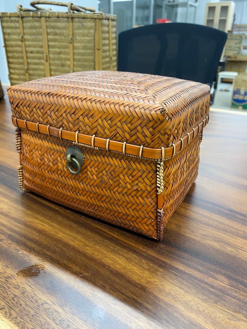 竹細工　蓋付き収納ボックス ブラウン茶道収納バッグ竹編バッグ 手作工芸品