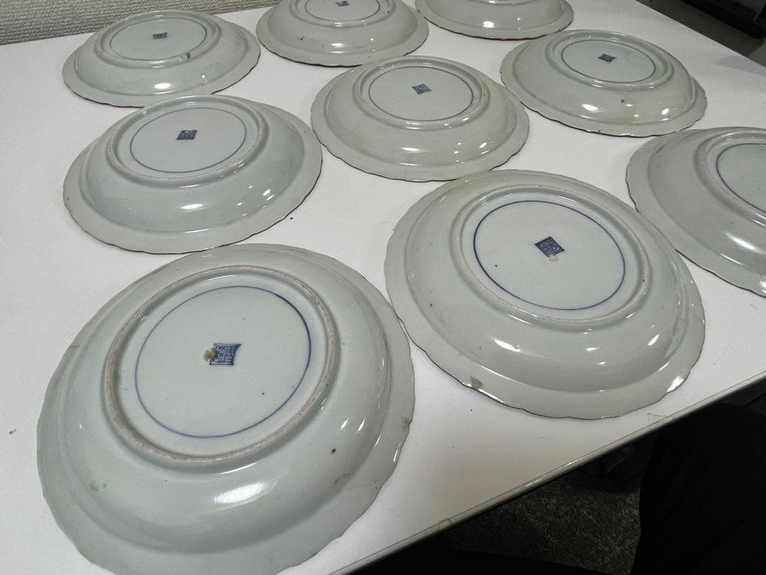 【現状品】古伊万里 金彩 色絵 染付 陶器 花柄 中皿 割烹 懐石 9枚 ①