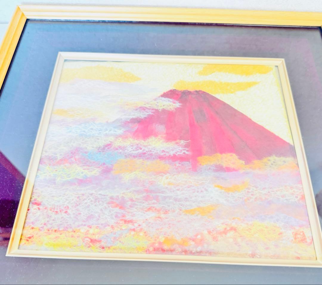 【極美品】縁起物 赤富士 ちぎり絵 額装 運気上昇 金運 富士山 アート　L