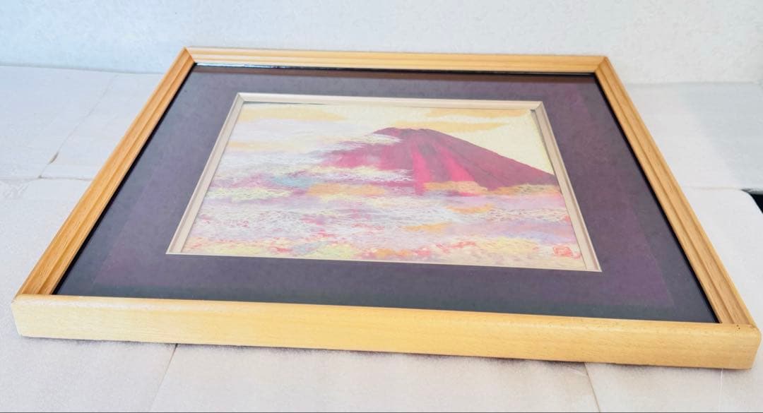 【極美品】縁起物 赤富士 ちぎり絵 額装 運気上昇 金運 富士山 アート　L
