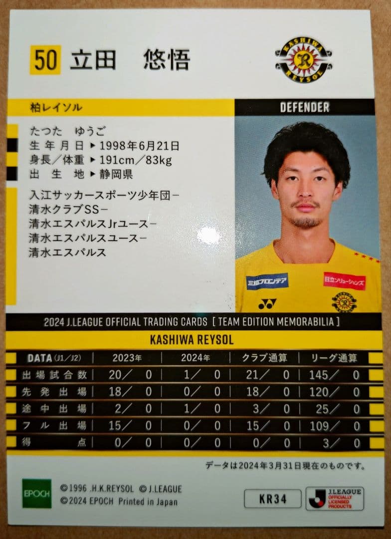 2024Ｊリーグオフィシャルトレーディングカード 刻印入り直筆サイン 立田悠悟