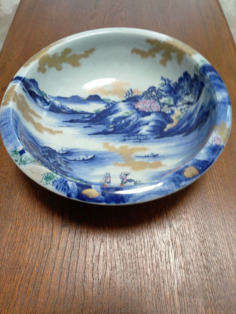 古伊万里 肥蝶山 平林製 色絵金彩山水風景画 菓子鉢 骨董品 陶磁器