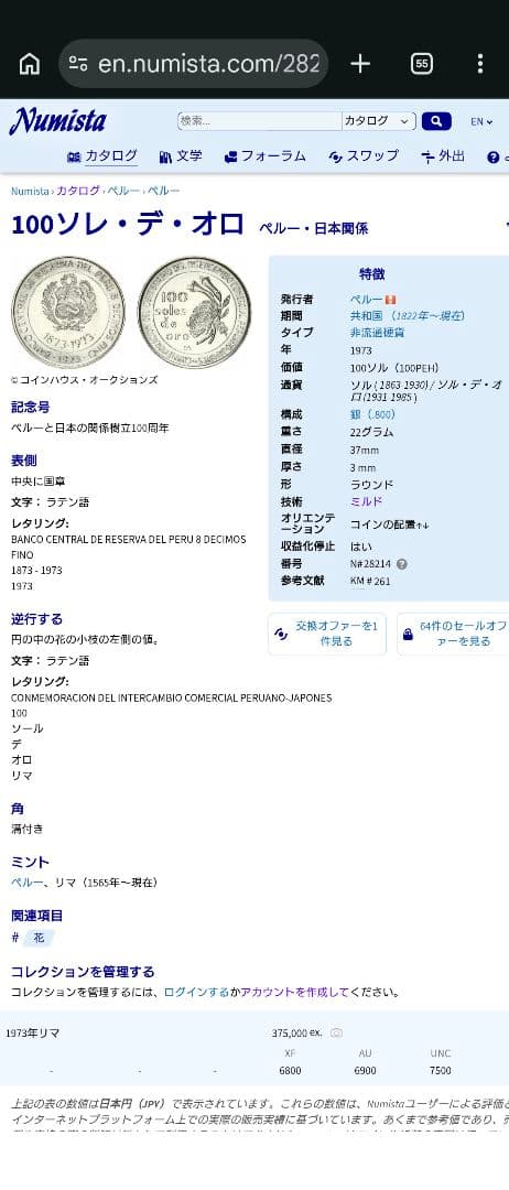 1973年 ペルー銀貨 日本ペルー修好100周年記念銀貨 silver800