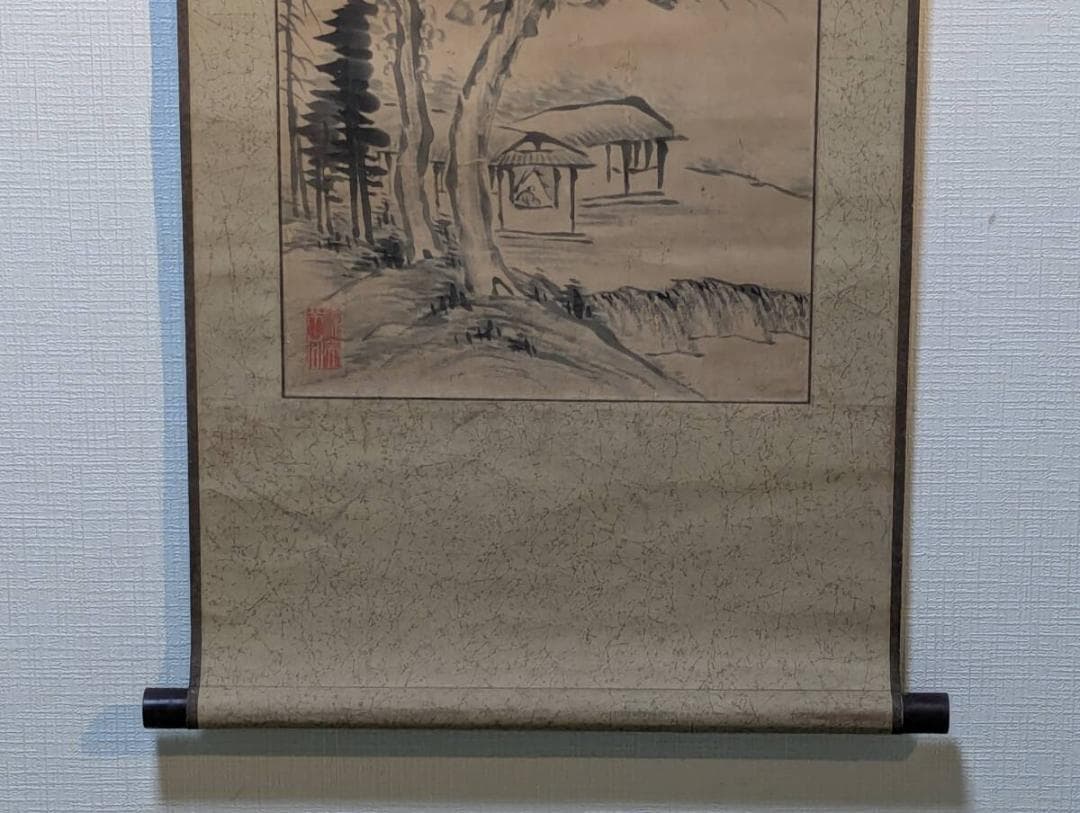 【真作】掛軸　幽谷山水図　墨画淡彩　詩情あふれる山居の景　V60