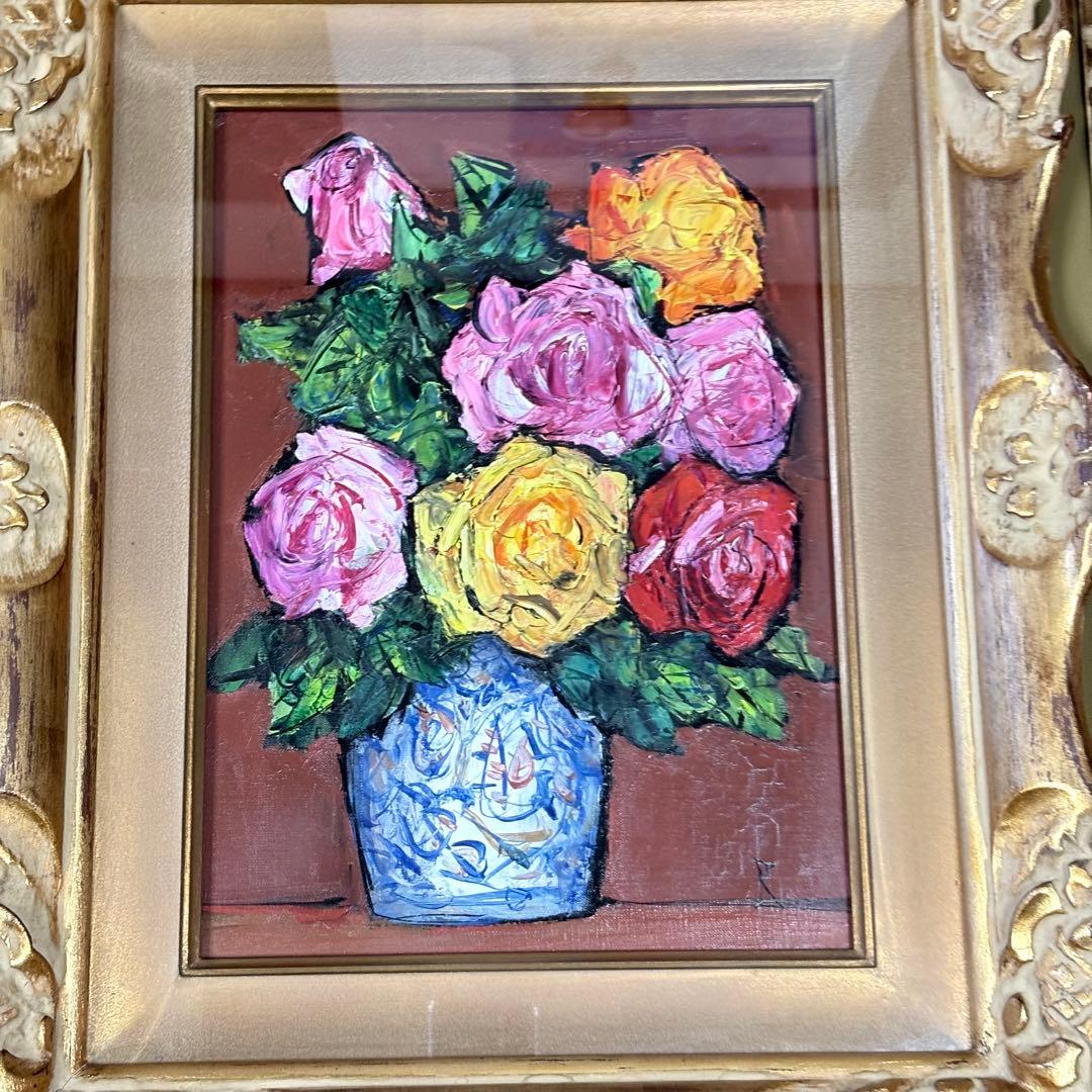 中川力 薔薇 ばら 油彩 額装入り 油絵 油画 絵画 静物画 師:有島生馬