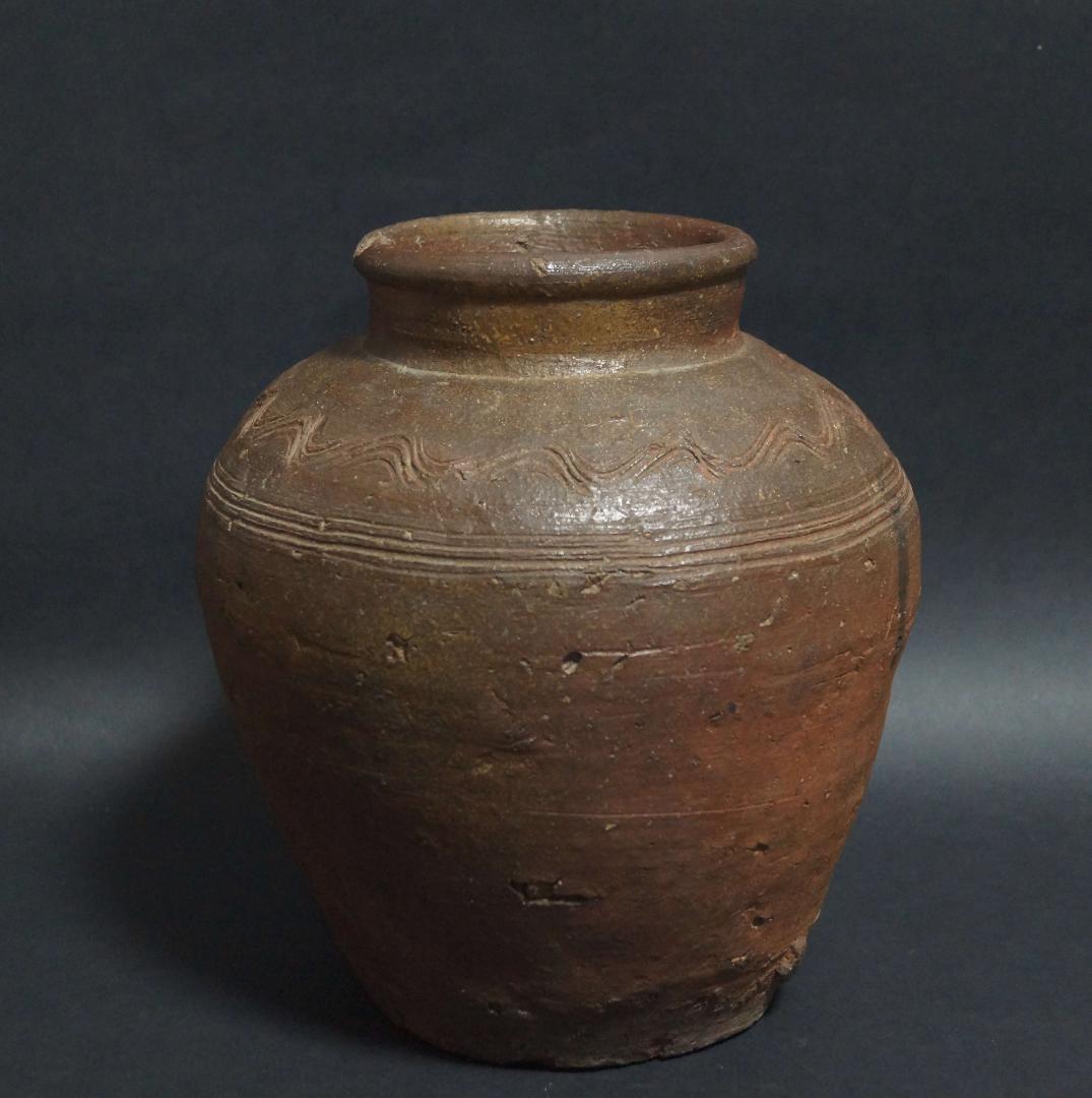 古備前 波状文壺 種壺 花器/花瓶/花生/飾壷/古陶/焼物 重3.5kg 茶道具